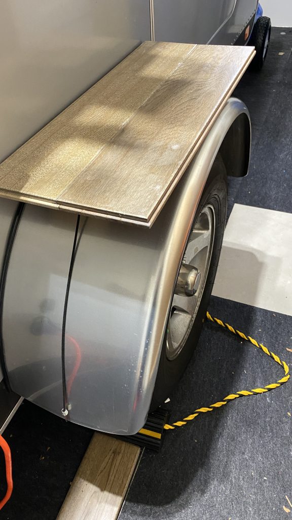 Fender tables I made for each side of the teardrop, tongue and groove planks.