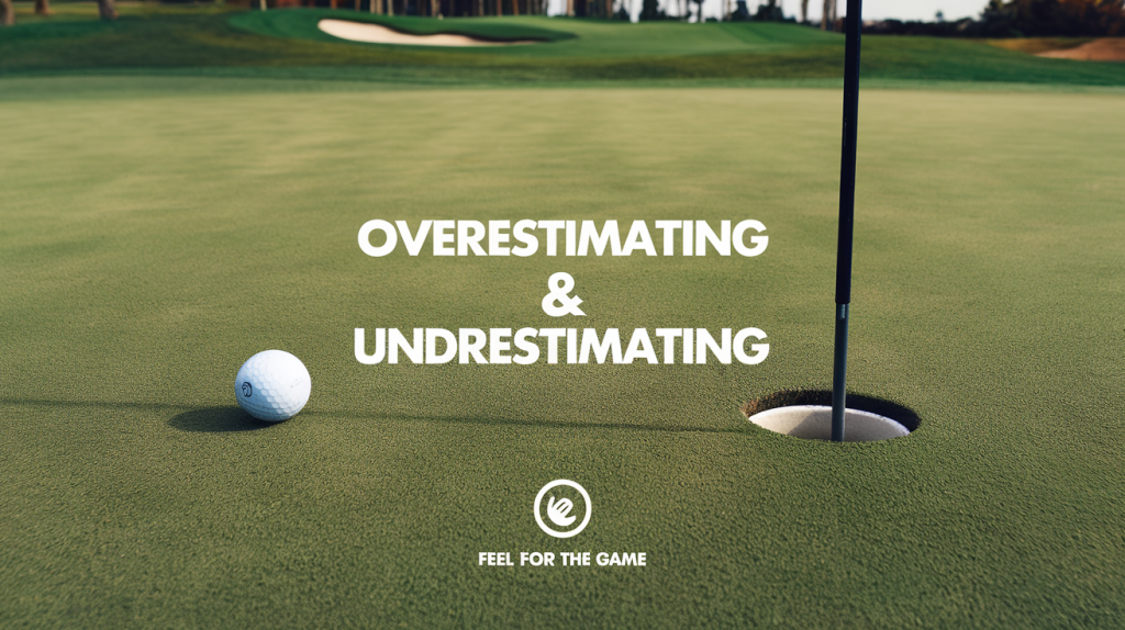 A golf putting green with a ball near the hole. Text reads "OVERESTIMATING & UNDRESTIMATING". The image highlights the challenge of judging distance in golf. A logo and "FEEL FOR THE GAME" tagline appear below, emphasizing intuition in the sport.

Citations:
[1] https://pplx-res.cloudinary.com/image/upload/v1726848467/user_uploads/kivrwvxyh/a-cinematic-photo-of-a-golf-course-with-a-putting-xNcoeR4aTbadrHKkZvlcpA-6diprt4bQO6Z_J96WMaIwA.jpg